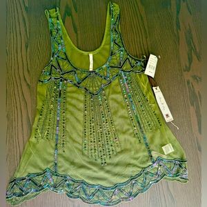 Willow and Clay Sheer Mesh Embellished Olive Green tank Sz Xs